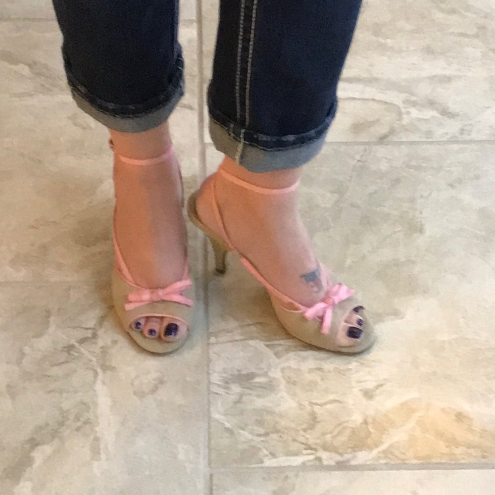 Chanel ankle strap pink ribbon & raffia sandals